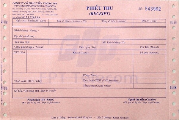 Mẫu phiếu thu cơ bản thường dùng